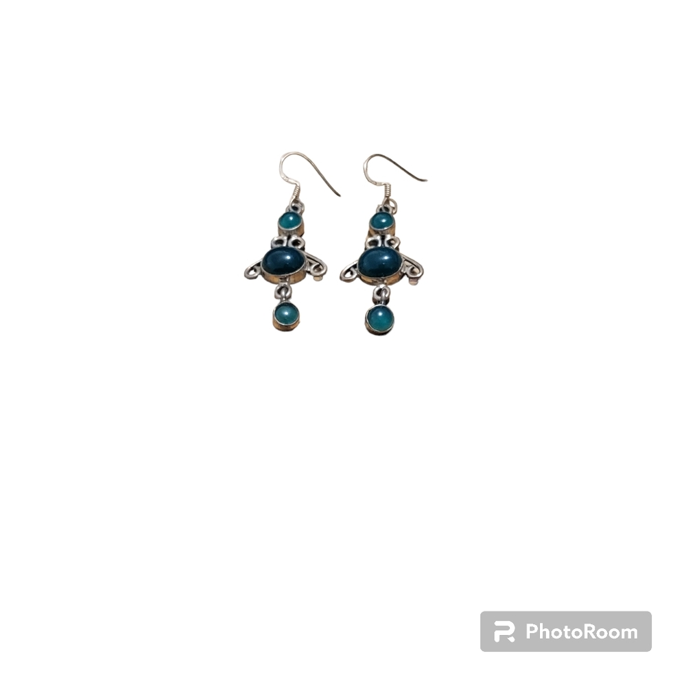 Vintage silver plated dark green aventurine stone dangle earrings - Picture 2 of 5